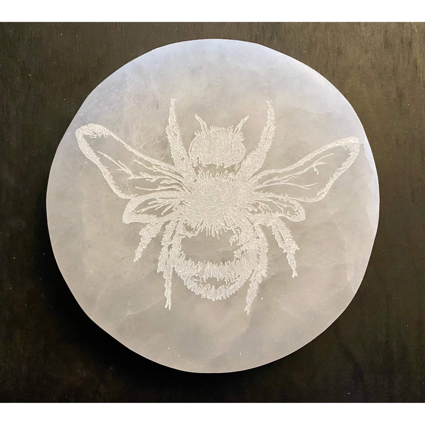 Selenite Engraved Charging Disc Honey Bee 6 Inch by Zen and Meow