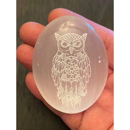 Owl Selenite Palmstone by Zen and Meow