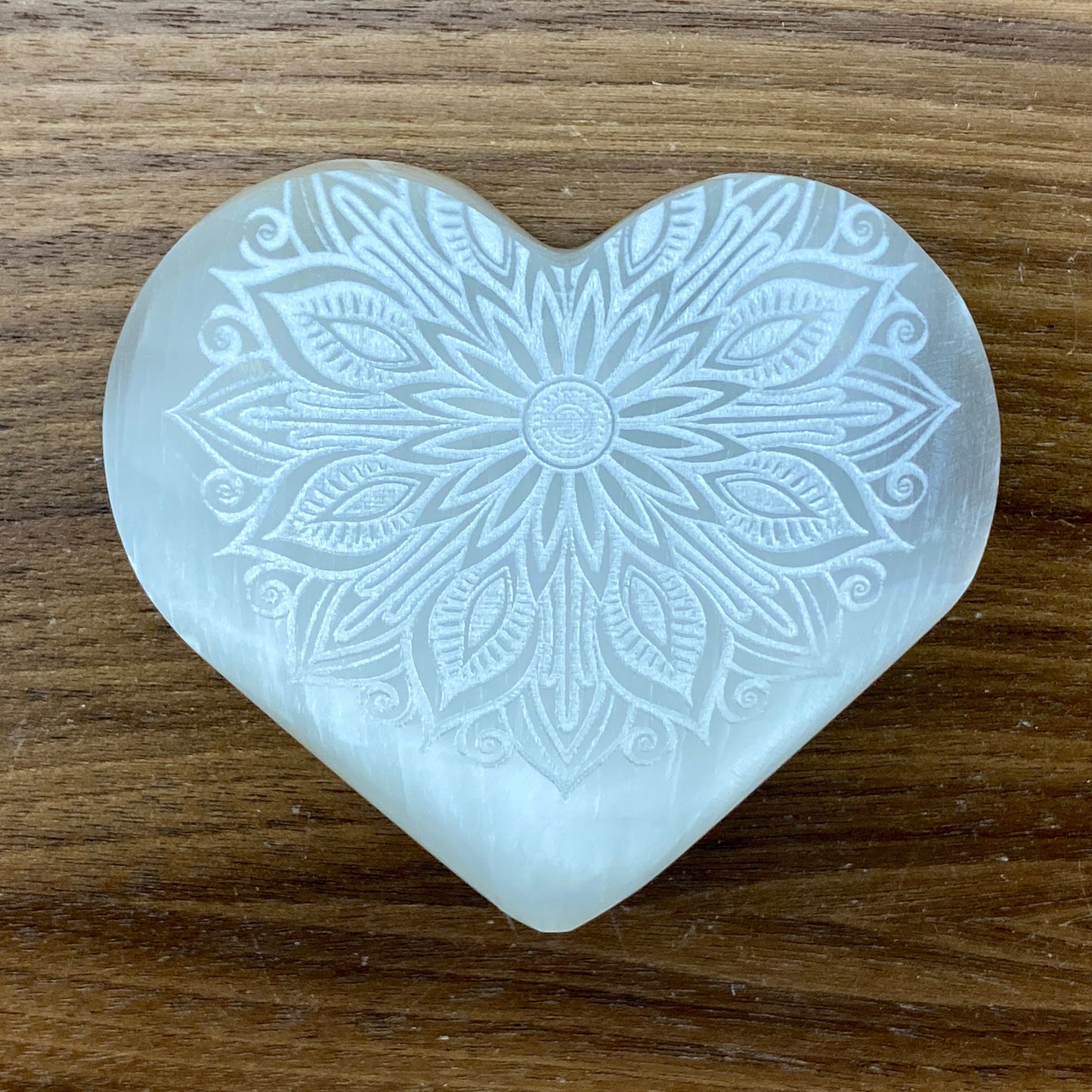 Selenite Heart Laser Engraved Mandala #1 by Zen and Meow