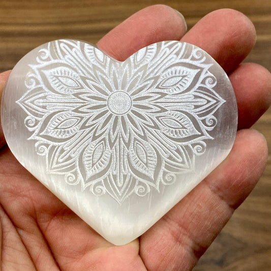 Selenite Heart Laser Engraved Mandala #1 by Zen and Meow