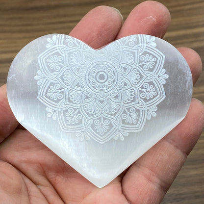 Selenite Heart Laser Engraved Mandala #3 by Zen and Meow