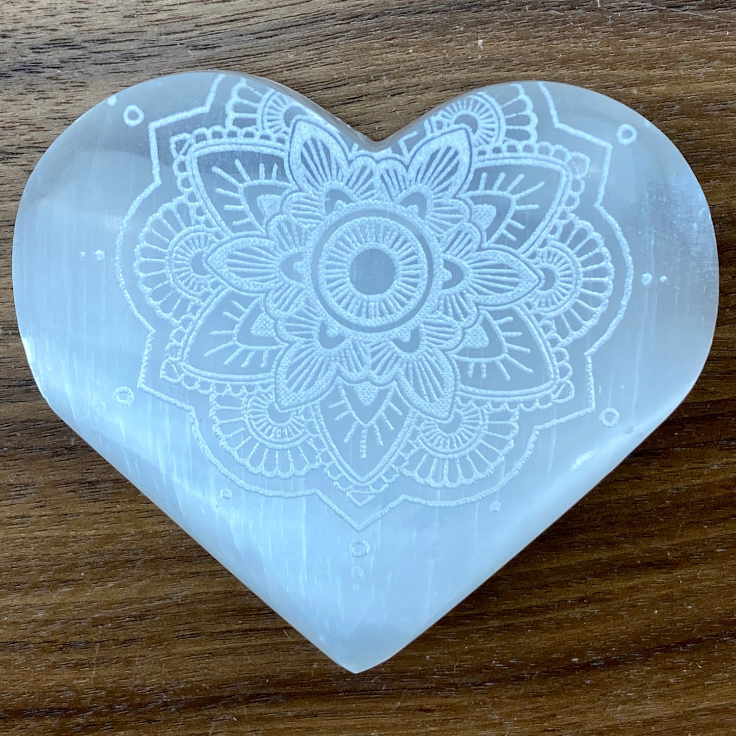 Selenite Heart Laser Engraved Mandala #2 by Zen and Meow