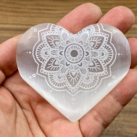 Selenite Heart Laser Engraved Mandala #2 by Zen and Meow