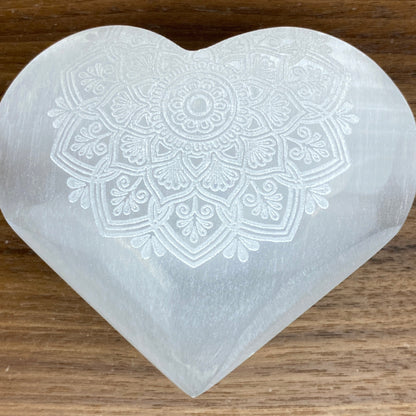 Selenite Heart Laser Engraved Mandala #3 by Zen and Meow