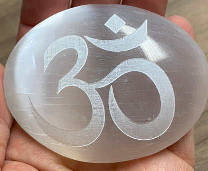 Aum Selenite Palmstone by Zen and Meow