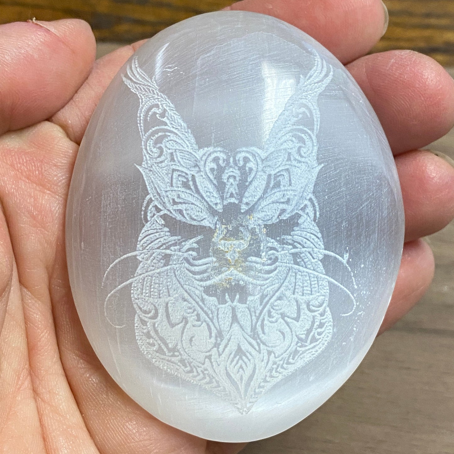 Lynx Selenite Palmstone by Zen and Meow