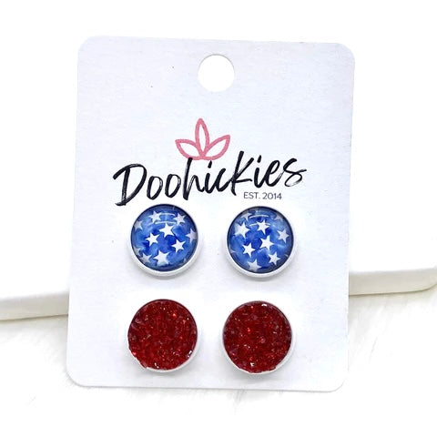 12mm Stars & Red Sparkles in White Settings -Patriotic Earrings by Doohickies Wholesale