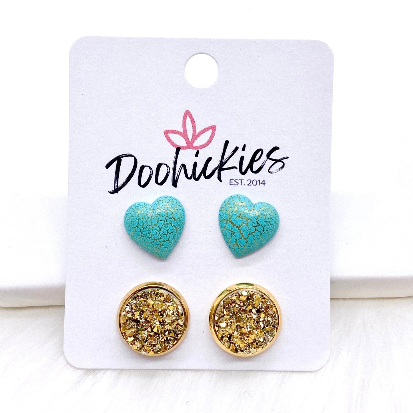 12mm Turquoise & Gold Crackle Hearts & Gold in Gold Settings -Earrings by Doohickies Wholesale