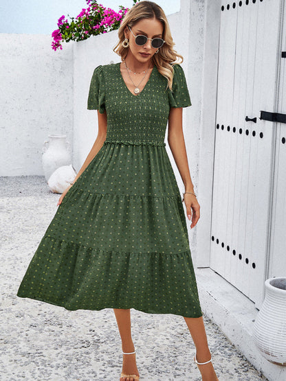 Women's casual solid color V-neck polka dot short-sleeved Midi dress by migunica