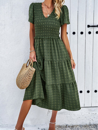 Women's casual solid color V-neck polka dot short-sleeved Midi dress by migunica