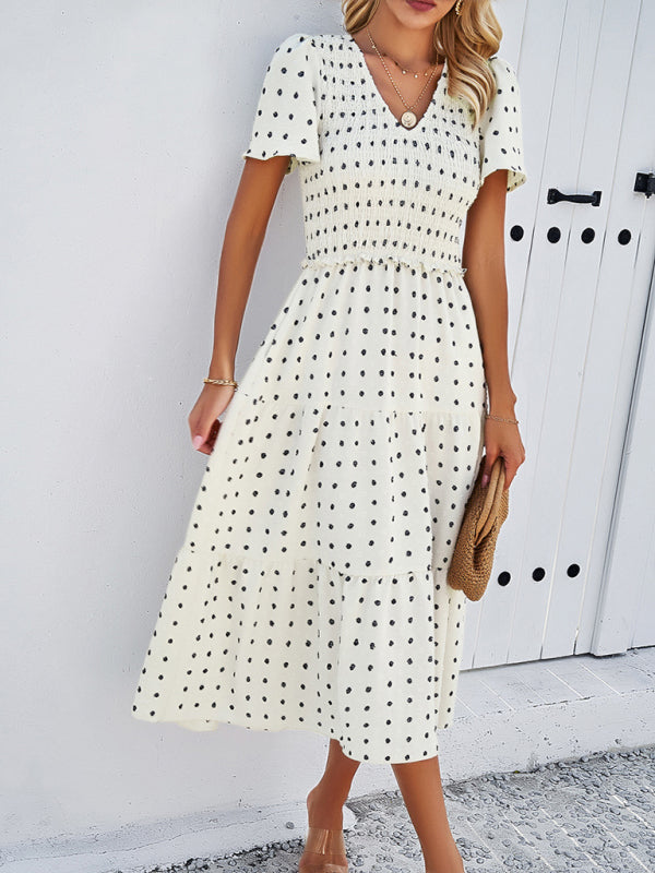 Women's casual solid color V-neck polka dot short-sleeved Midi dress by migunica