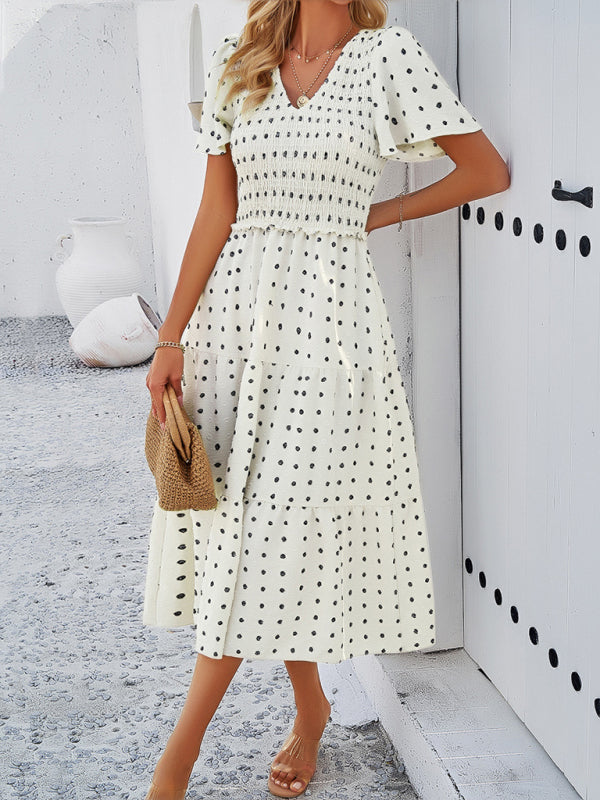 Women's casual solid color V-neck polka dot short-sleeved Midi dress by migunica