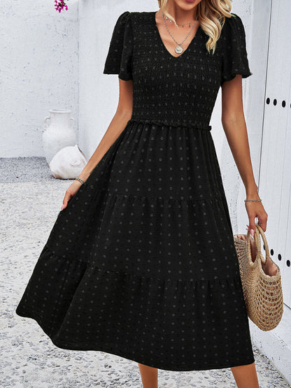 Women's casual solid color V-neck polka dot short-sleeved Midi dress by migunica