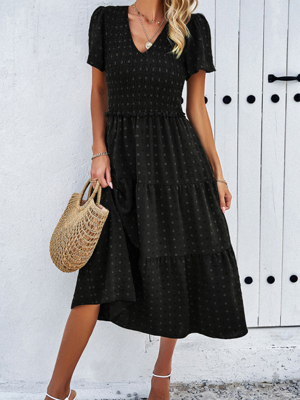 Women's casual solid color V-neck polka dot short-sleeved Midi dress by migunica