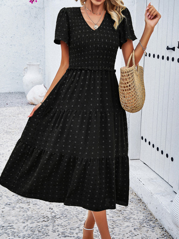 Women's casual solid color V-neck polka dot short-sleeved Midi dress by migunica