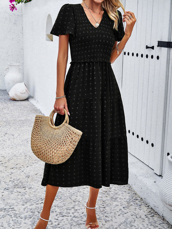 Women's casual solid color V-neck polka dot short-sleeved Midi dress by migunica