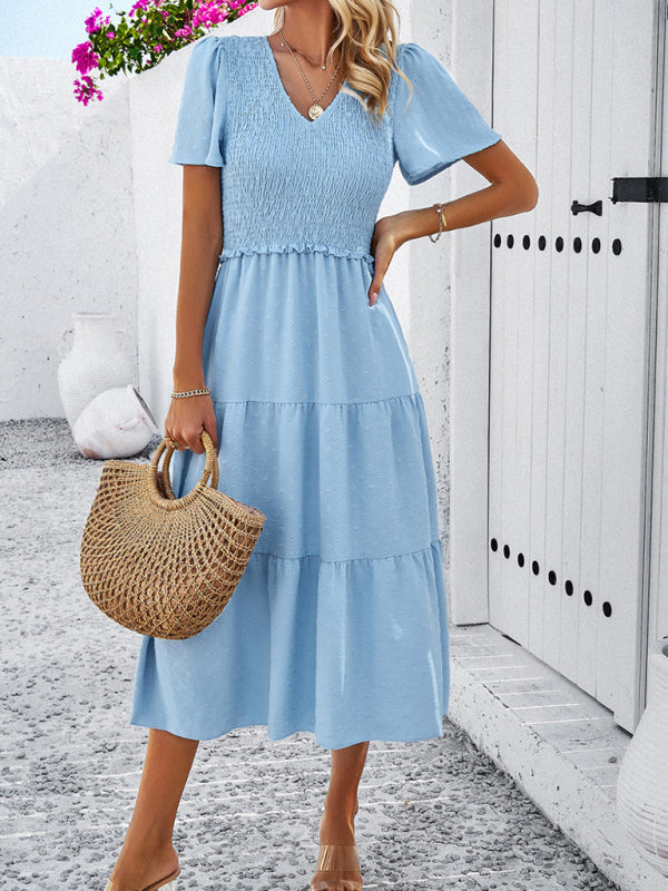 Women's casual solid color V-neck polka dot short-sleeved Midi dress by migunica