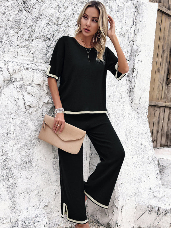 Women's casual color-blocked short-sleeved trousers knitted two-piece set by migunica