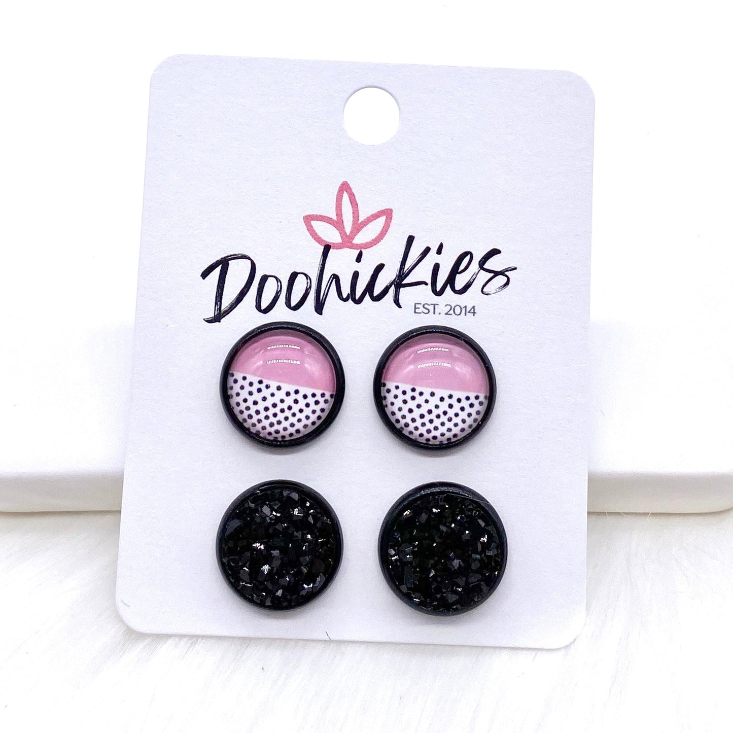 12mm Pink/Black Polka Dots & Black in Black Settings -Earrings by Doohickies Wholesale