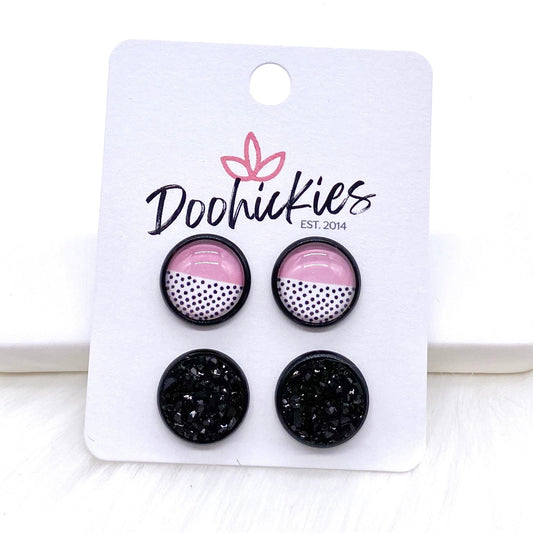 12mm Pink/Black Polka Dots & Black in Black Settings -Earrings by Doohickies Wholesale