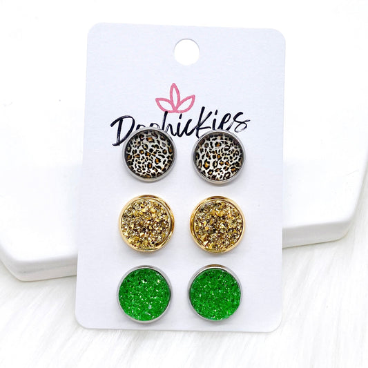 12mm Tan Leopard/Gold/Green Sparkles in Stainless Steel/Gold/Stainless Steel Settings by Doohickies Wholesale