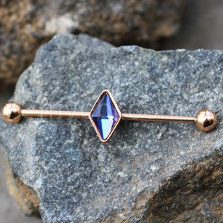 Rose Gold Plated Rhombus Shape CZ Industrial Barbell by Fashion Hut Jewelry