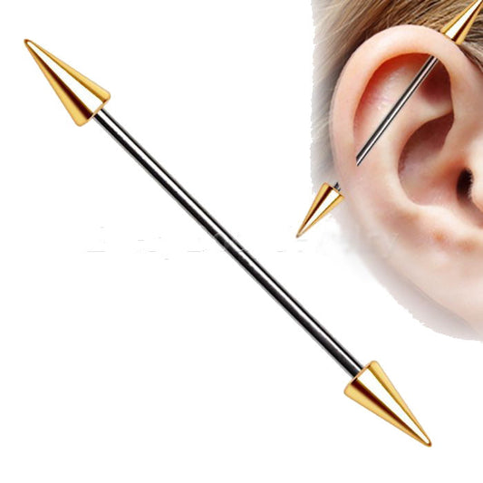 316L Stainless Steel Gold Plated Spike Industrial Barbell by Fashion Hut Jewelry