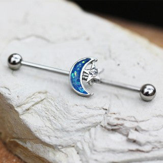 316L Stainless Steel Synthetic Opal Moon and Star Industrial Barbell by Fashion Hut Jewelry