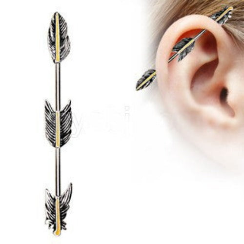 316L Stainless Steel Industrial Barbell with Golden Triple Tier Feathers by Fashion Hut Jewelry