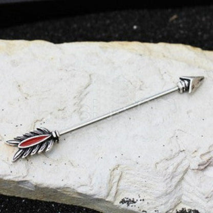 316L Stainless Steel Antique Tribal Arrow Industrial Barbell with Red Feather by Fashion Hut Jewelry