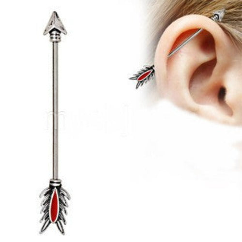 316L Stainless Steel Antique Tribal Arrow Industrial Barbell with Red Feather by Fashion Hut Jewelry