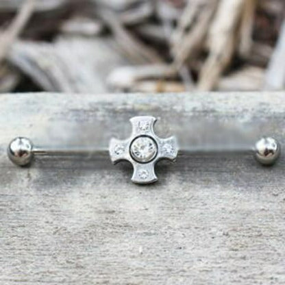 316L Stainless Steel Jeweled Medieval Cross Industrial Barbell by Fashion Hut Jewelry