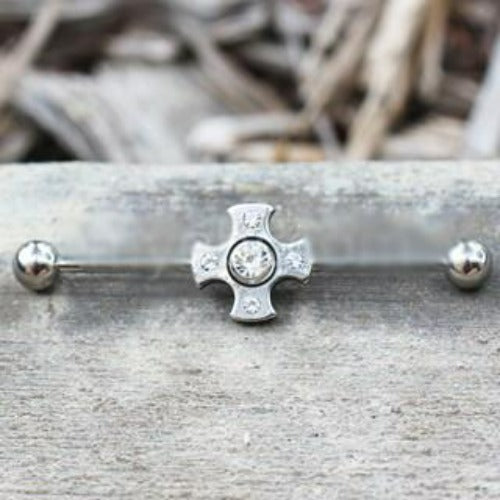 316L Stainless Steel Jeweled Medieval Cross Industrial Barbell by Fashion Hut Jewelry