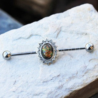 316L Stainless Steel Industrial Barbell with Glass Stone Flower by Fashion Hut Jewelry