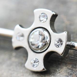 316L Stainless Steel Jeweled Medieval Cross Industrial Barbell by Fashion Hut Jewelry