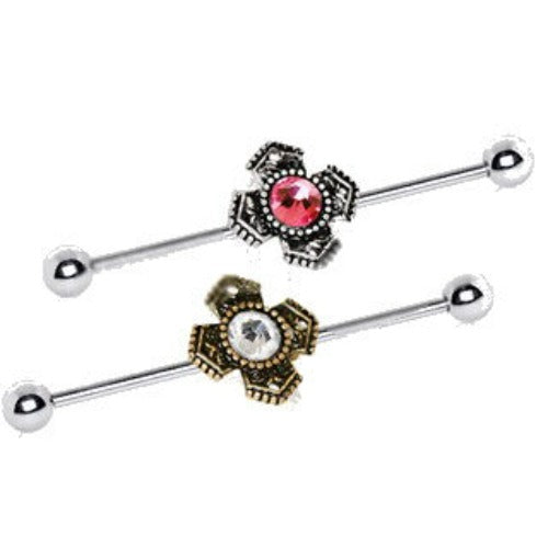 316L Stainless Steel Jeweled Medieval Cross Industrial Barbell by Fashion Hut Jewelry