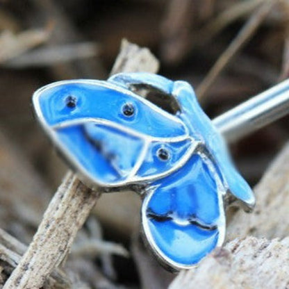 316L Stainless Steel Double Blue Butterfly Industrial Barbell by Fashion Hut Jewelry