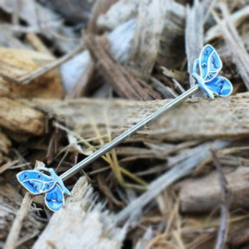 316L Stainless Steel Double Blue Butterfly Industrial Barbell by Fashion Hut Jewelry