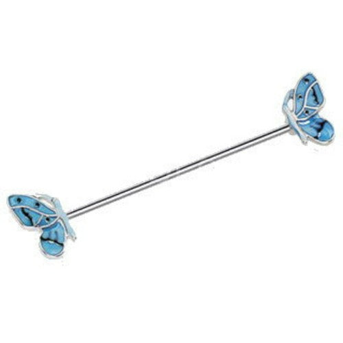 316L Stainless Steel Double Blue Butterfly Industrial Barbell by Fashion Hut Jewelry