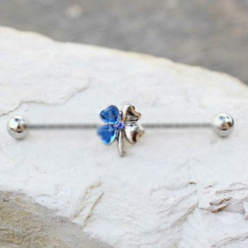 316L Stainless Steel Blue Clover Leaf Industrial Barbell by Fashion Hut Jewelry