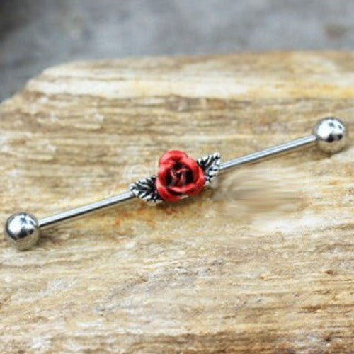 316L Stainless Steel Red Rose Industrial Barbell by Fashion Hut Jewelry