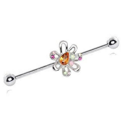 316L Stainless Steel Multihued Flower Industrial Barbell by Fashion Hut Jewelry