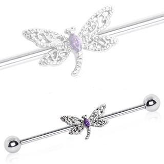 316L Stainless Steel Ornate Dragonfly Industrial Barbell by Fashion Hut Jewelry