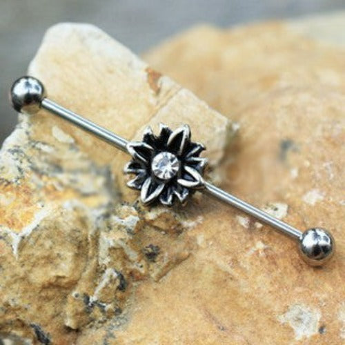 316L Stainless Steel Black Flower Industrial Barbell by Fashion Hut Jewelry