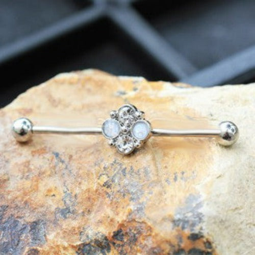 316L Stainless Steel Jeweled Flower Industrial Barbell by Fashion Hut Jewelry