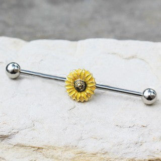 316L Stainless Steel Sunflower Industrial Barbell by Fashion Hut Jewelry