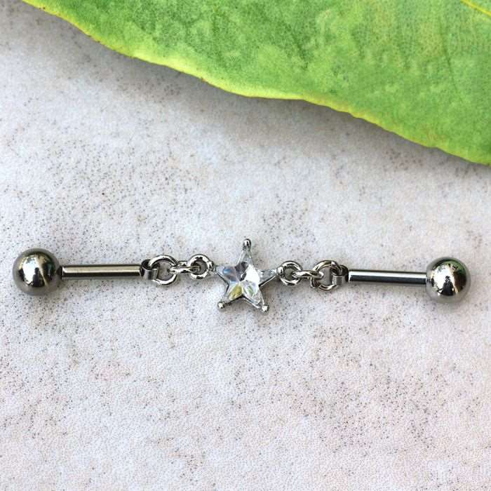 316L Stainless Steel Prong Set Star Chain Industrial Barbell by Fashion Hut Jewelry