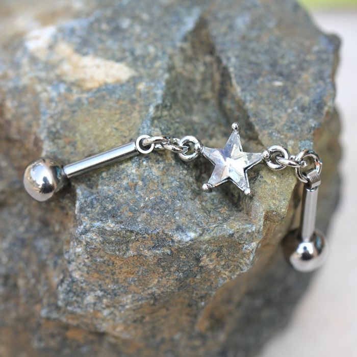 316L Stainless Steel Prong Set Star Chain Industrial Barbell by Fashion Hut Jewelry