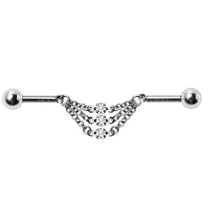 316L Stainless Steel Jeweled Triple Chain Industrial Barbell by Fashion Hut Jewelry