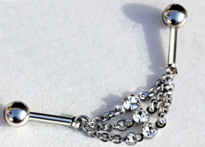 316L Stainless Steel Jeweled Triple Chain Industrial Barbell by Fashion Hut Jewelry